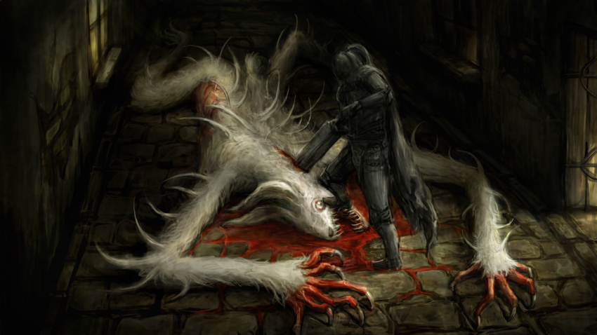 1boy armor black_souls blood cape cutting empty_eyes gauntlets grey_cape grimm_(black_souls) helmet highres holding holding_sword holding_weapon open_mouth pauldrons rabbit shoulder_armor solo stone_floor sword vorpal_(black_souls) weapon xumi