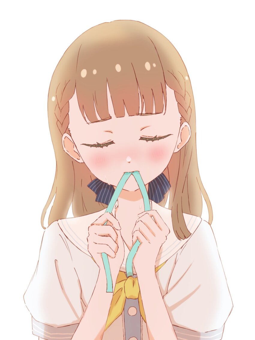 1girl black_bow blush bow braid brown_hair center-flap_bangs closed_eyes commentary dress facing_viewer hair_bow hasu_no_sora_school_uniform highres holding holding_ribbon kachimachi_kosuzu link!_like!_love_live! long_hair love_live! mouth_hold neckerchief nose_blush pinstripe_bow puffy_short_sleeves puffy_sleeves rakk27606689 ribbon ribbon_in_mouth sailor_collar sailor_dress school_uniform short_sleeves side_braids simple_background solo straight_hair summer_uniform unworn_ribbon upper_body virtual_youtuber white_background white_dress white_sailor_collar yellow_neckerchief