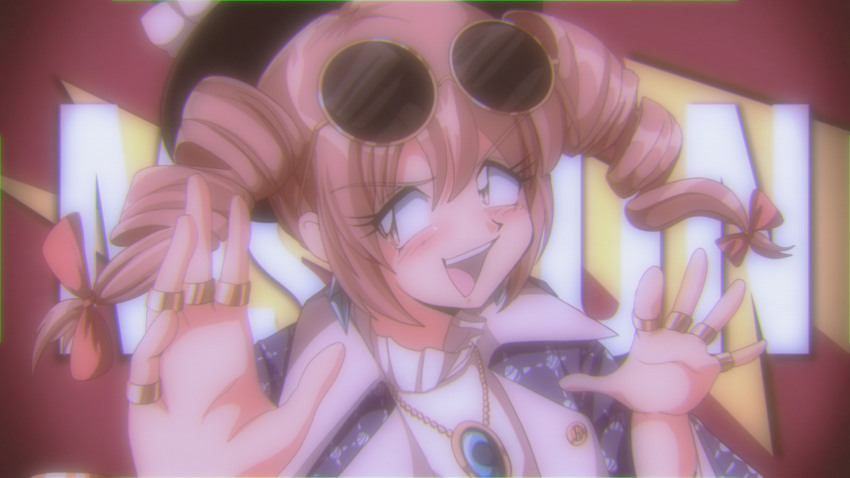 1990s_(style) 1girl absurdres araizumi_rui_(style) blue_gemstone blush brown_eyes dress drill_hair eyewear_on_head gem gold high_collar highres jewelry light_brown_hair looking_at_viewer medium_hair meme mrbeast necklace open_mouth pendant real_life retro_artstyle ring round_eyewear smile solo static step_arts sunglasses teeth touhou twin_drills upper_body upper_teeth_only white_dress yorigami_jo&#039;on