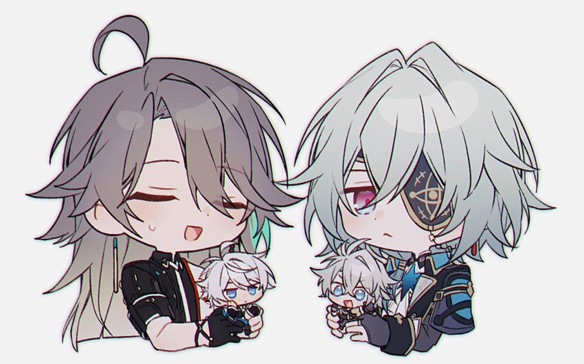 4boys ahoge anaxa_(honkai:_star_rail) aqua_hair blue_eyes brown_hair character_request chibi chibi_only closed_eyes closed_mouth coojisan grey_hair honkai:_star_rail honkai_(series) honkai_impact_3rd kevin_kaslana male_focus multiple_boys phainon_(honkai:_star_rail) short_hair simple_background smile su_(honkai_impact) trait_connection upper_body white_background