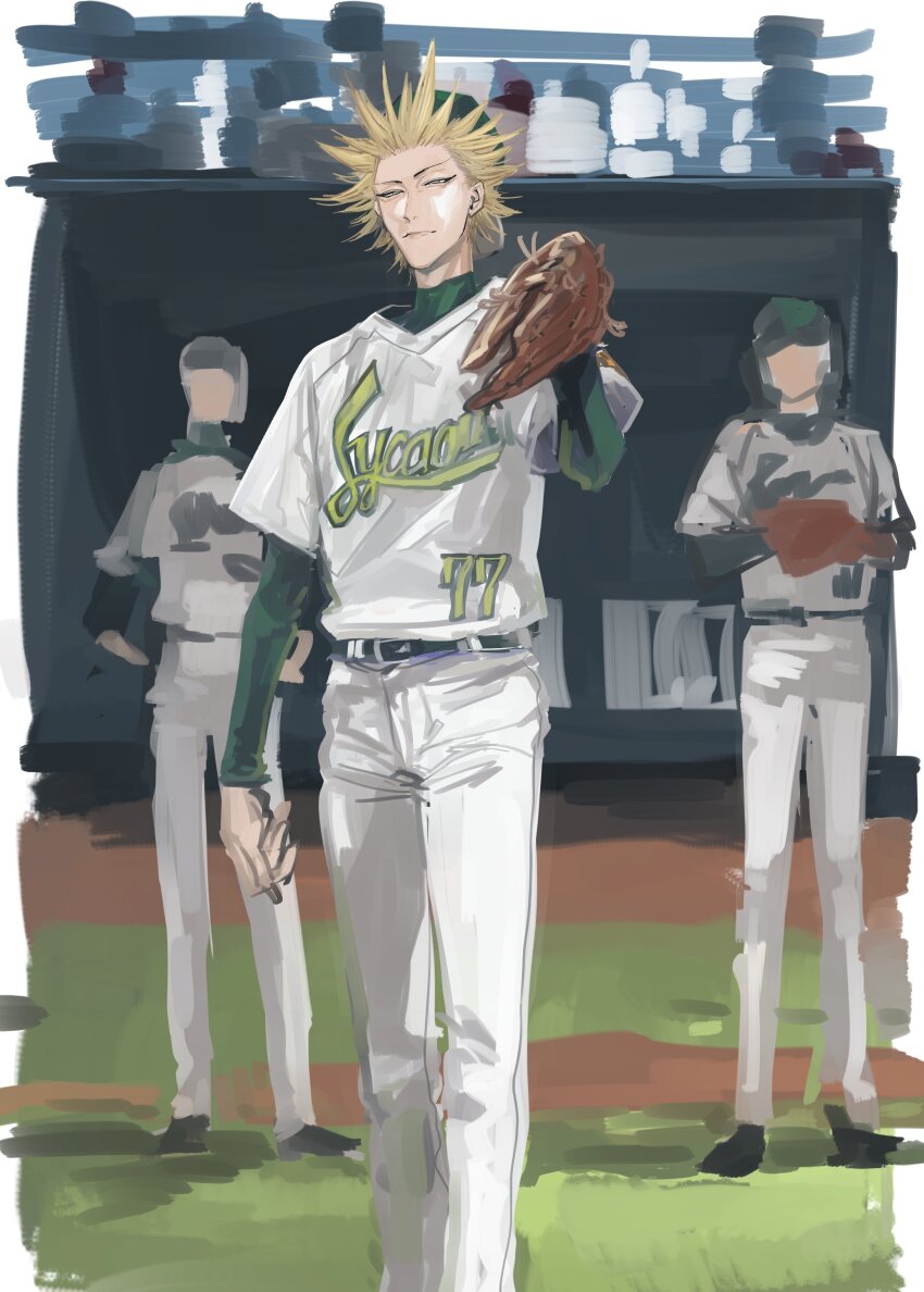3boys absurdres backwards_hat baseball_cap baseball_glove baseball_stadium baseball_uniform blonde_hair border closed_mouth day faceless faceless_male feet_out_of_frame green_undershirt grey_eyes hand_up hat highres ikuhana_niiro layered_sleeves long_sleeves looking_at_viewer male_focus multiple_boys narrowed_eyes one_outs outdoors pants shirt short_over_long_sleeves short_sleeves solo_focus spiked_hair sportswear standing tokuchi_toua white_border white_pants white_shirt