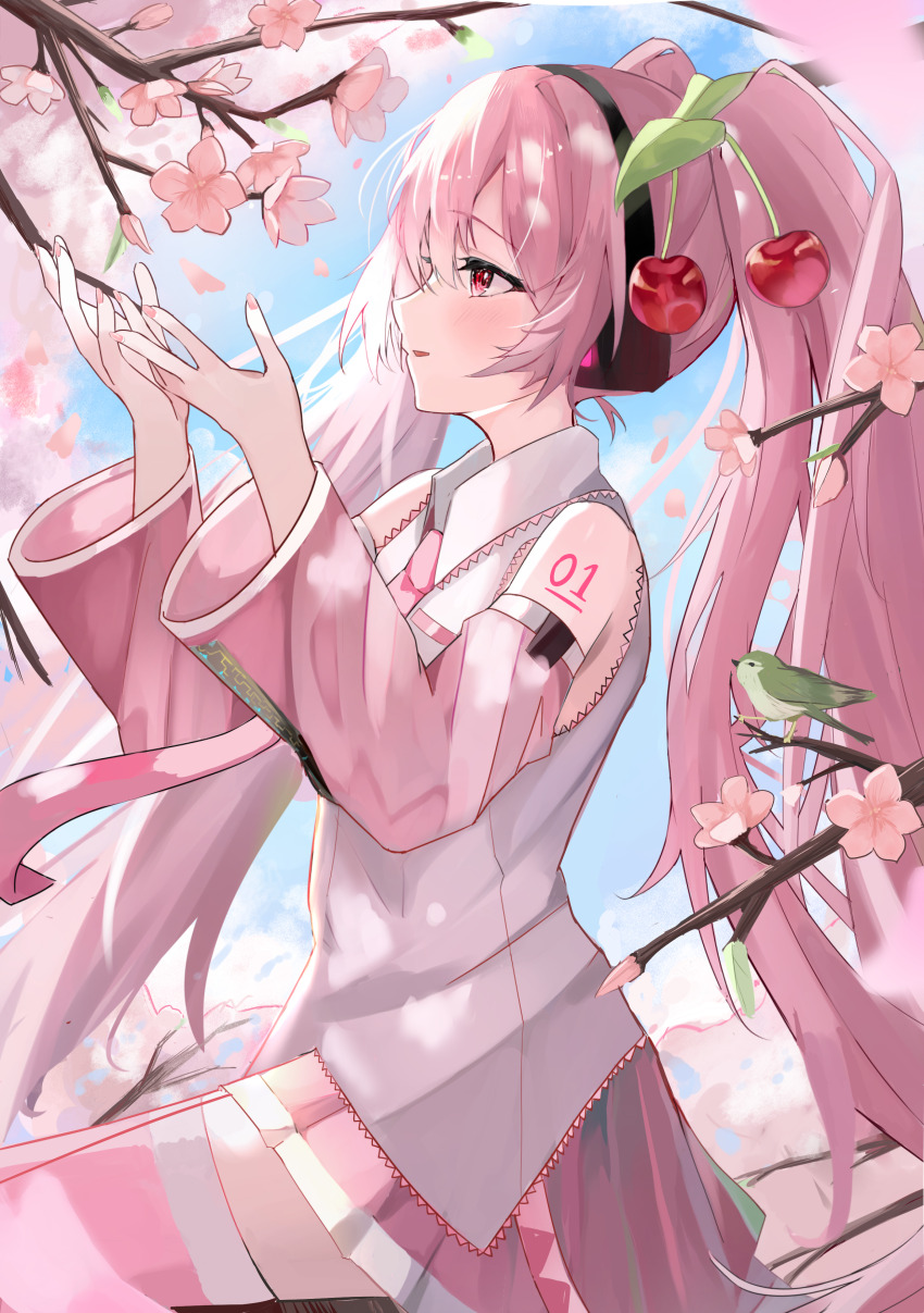 1girl absurdres arms_up bird branch cherry_blossoms cherry_hair_ornament detached_sleeves falling_petals flowle_ow0 food-themed_hair_ornament frilled_shirt frills from_side hair_ornament hatsune_miku headset highres holding holding_branch long_hair looking_ahead necktie number_tattoo outdoors parted_lips petals pink_hair pink_nails pink_necktie pink_skirt pink_sleeves pink_thighhighs red_eyes sakura_miku shirt sidelocks sitting skirt sleeveless sleeveless_shirt smile solo tattoo thighhighs twintails very_long_hair vocaloid white_shirt zettai_ryouiki