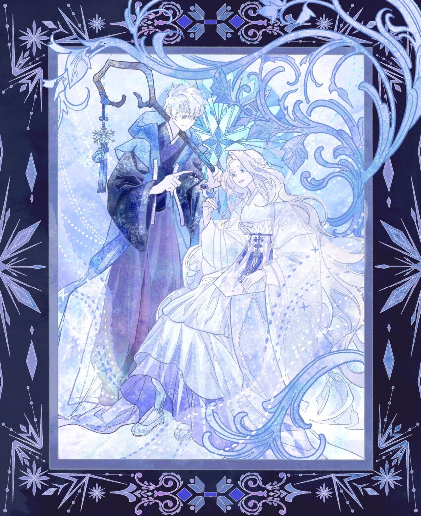 1boy 1girl alternate_costume animal animal_on_hand animification beoseon black_border blue_background blue_coat blue_eyes blue_footwear blue_robe blue_socks blue_theme border chima_(clothes) closed_mouth coat colored_eyelashes crossover dress elsa_(frozen) eye_contact frozen_(disney) frozen_ii_(disney) full_body gomusin hair_between_eyes hanbok hand_up hashtag-only_commentary highres holding holding_staff jack_frost_(rise_of_the_guardians) jeogori_(clothes) korean_clothes layered_sleeves lizard long_hair long_sleeves looking_at_another mman_moon ornate_border pale_skin pants parted_bangs parted_lips pointing power_connection purple_pants rise_of_the_guardians robe see-through_clothes see-through_coat see-through_shawl shawl short-sleeved_coat short_hair short_over_long_sleeves short_sleeves sitting smile snowflake_print snowflakes socks staff standing tassel very_long_hair wavy_hair white_dress white_hair white_shawl wide_sleeves