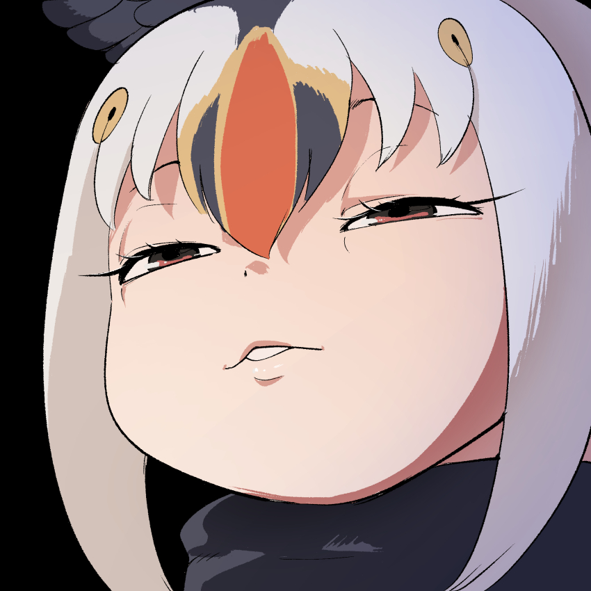 1girl anya&#039;s_heh_face_(meme) atlantic_puffin_(kemono_friends) bird_girl bird_wings black_background black_sweater brown_eyes feathered_wings grey_hair head_wings highres kemono_friends long_hair looking_at_viewer mcgunngu multicolored_hair open_mouth simple_background solo sweater upper_body wings