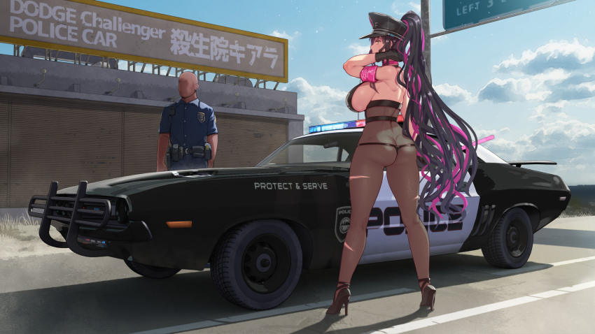 1boy 1girl abubu armband ass bald bare_shoulders black_footwear black_gloves black_hair black_headwear black_pantyhose breasts butt_crack car dark-skinned_male dark_skin dodge_challenger dodge_challenger_(1st_generation) fate/grand_order fate_(series) from_behind full_body gloves high_heels highres large_breasts motor_vehicle outdoors pantyhose police police_car police_uniform ponytail sessyoin_kiara sessyoin_kiara_(swimsuit_mooncancer) sessyoin_kiara_(swimsuit_mooncancer)_(second_ascension) sky solo_focus standing thighs vehicle_focus