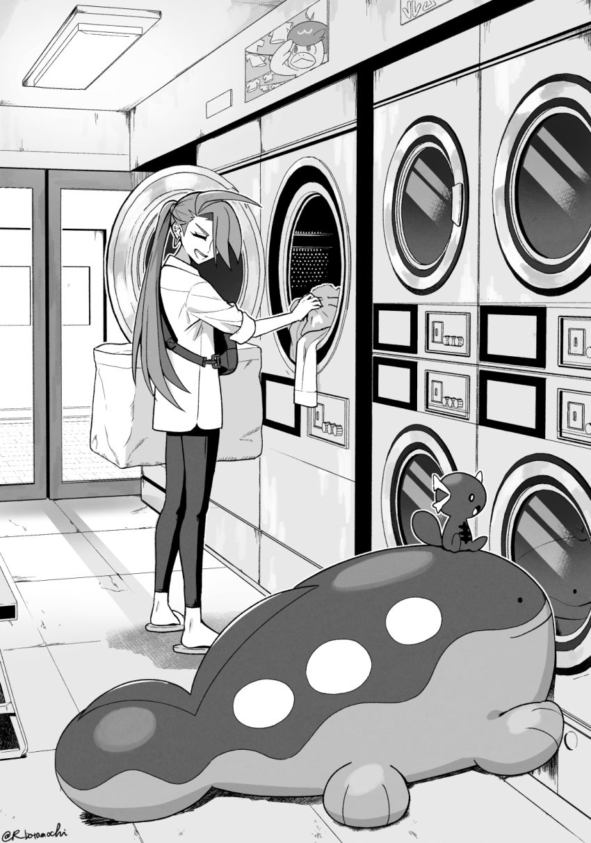 1girl botamochi_(exwelder) clodsire greyscale highres laundromat laundry laundry_basket long_hair monochrome nintendo on_head paldean_wooper pokemon pokemon_(creature) pokemon_sv ponytail quaxly rika_(pokemon) sliding_doors slippers washing_machine