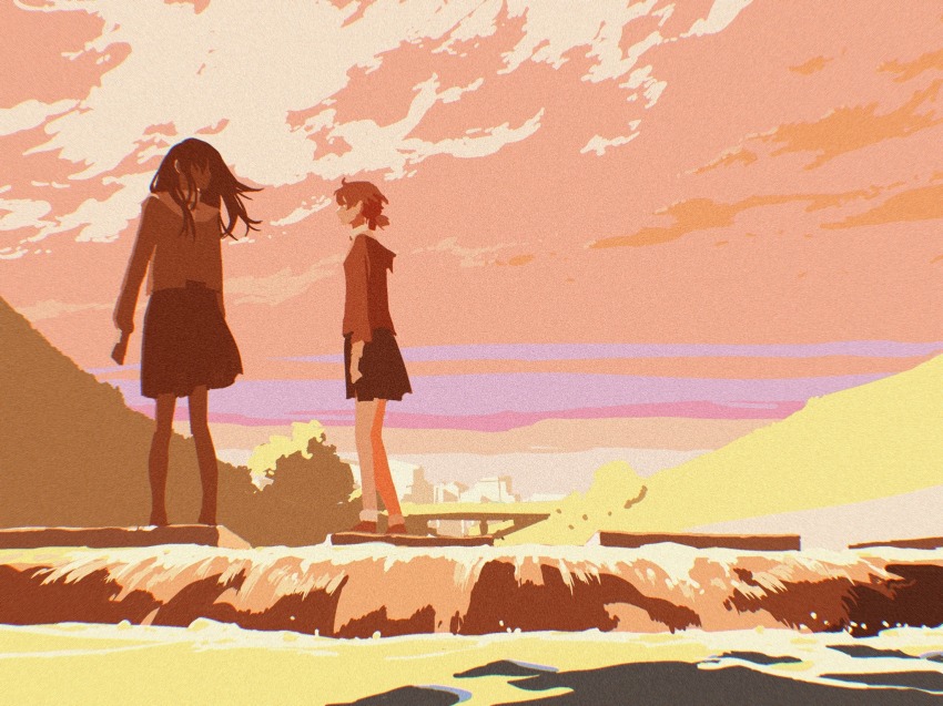 2girls 55bata6rou black_hair brown_hair cloud cloudy_sky highres horizon koito_yuu long_hair long_sleeves multiple_girls nanami_touko no_lineart orange_hair outdoors pink_sky school_uniform short_hair sky standing sunset tohmi_higashi_high_school_uniform twintails water yagate_kimi_ni_naru