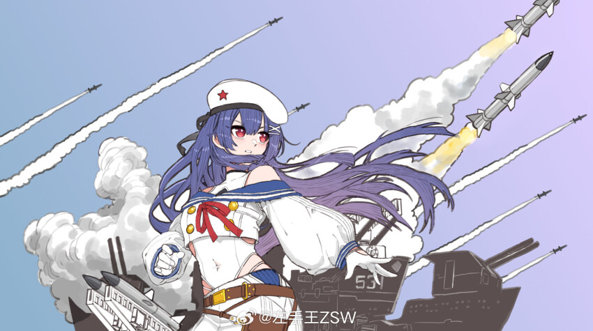 1girl belt beret blue_hair cloud covered_navel gloves gradient_hair hat hat_ornament highres leotard long_hair missile multicolored_hair personification purple_hair red_eyes red_star rocket_launcher ship_turret sky solo star_(symbol) star_hat_ornament warship_girls_r watermark weapon weibo_username weibo_watermark white_gloves yingtan_(warship_girls_r) z.s.w.
