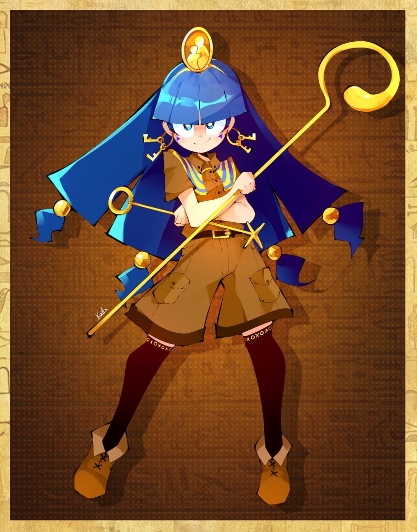 1girl absurdres belt black_thighhighs blue_eyes blue_hair brown_shirt brown_shorts closed_mouth collared_shirt earrings egypt facial_tattoo fossilized_wonders gold gold_buckle gold_hairband gold_headdress gold_headwear hairband highres holding holding_scepter jewelry key_earrings long_hair looking_at_viewer michigami_nareko scepter shirt short_sleeves shorts sir_koi smile solo tattoo thighhighs touhou