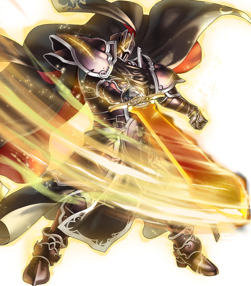 1boy armor attack aura black_armor black_cape black_knight_(fire_emblem) black_knight_(mortal_legend)_(fire_emblem) cape cracked_armor fire_emblem fire_emblem:_path_of_radiance fire_emblem:_radiant_dawn fire_emblem_heroes full_armor glowing glowing_cracks glowing_sword glowing_weapon greatsword highres holding holding_sword holding_weapon kita_senri light_trail nintendo non-web_source official_art red_cape solo swinging_weapon sword two-sided_cape two-sided_fabric weapon