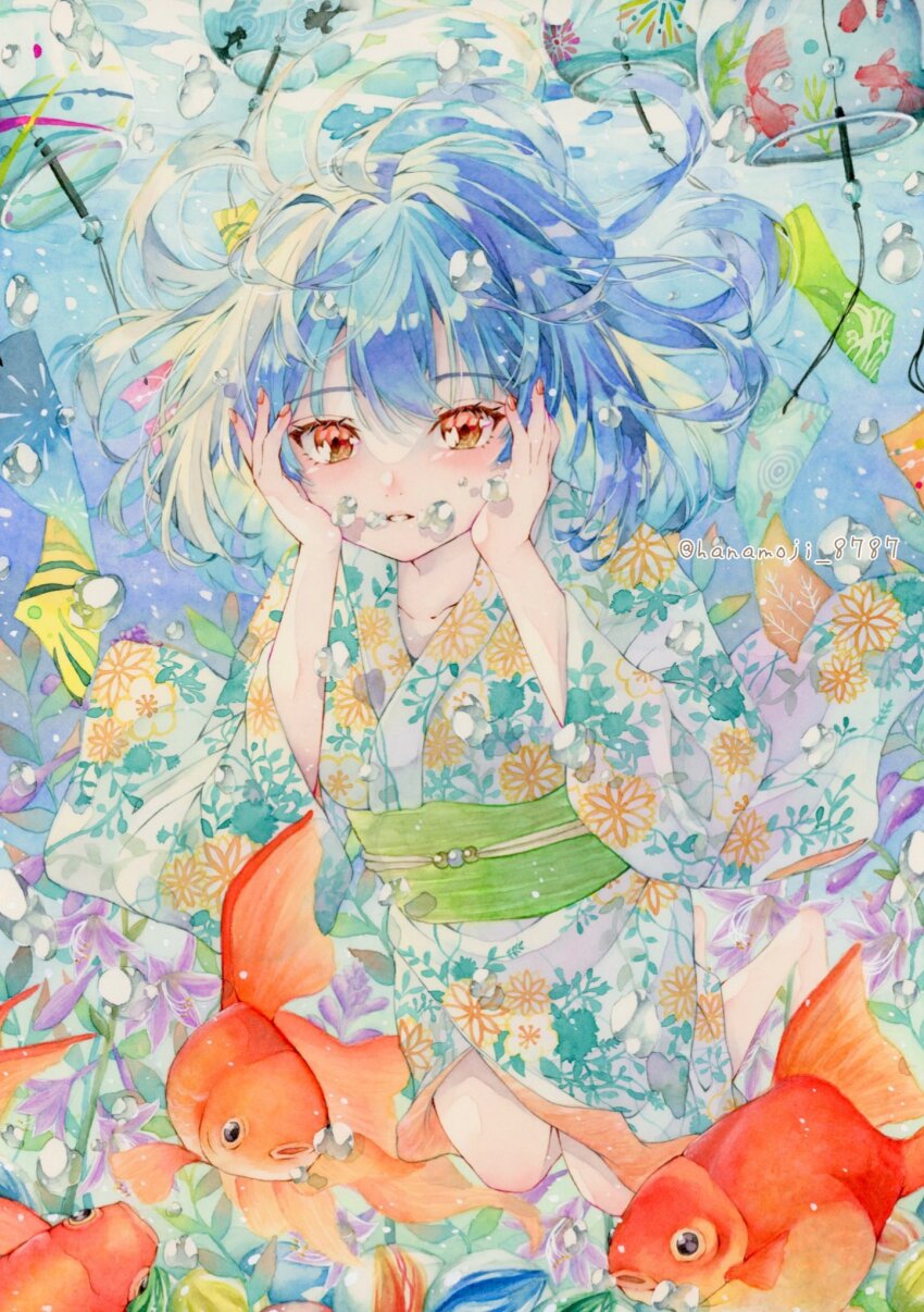1girl air_bubble blue_hair blush bubble fish floral_print floral_print_kimono goldfish green_sash hanamoji hands_on_own_cheeks hands_on_own_face highres japanese_clothes kimono koi long_sleeves looking_at_viewer nail_polish obi orange_eyes original painting_(medium) parted_lips print_kimono sash solo tanabata traditional_media twitter_username underwater watercolor_(medium) yukata