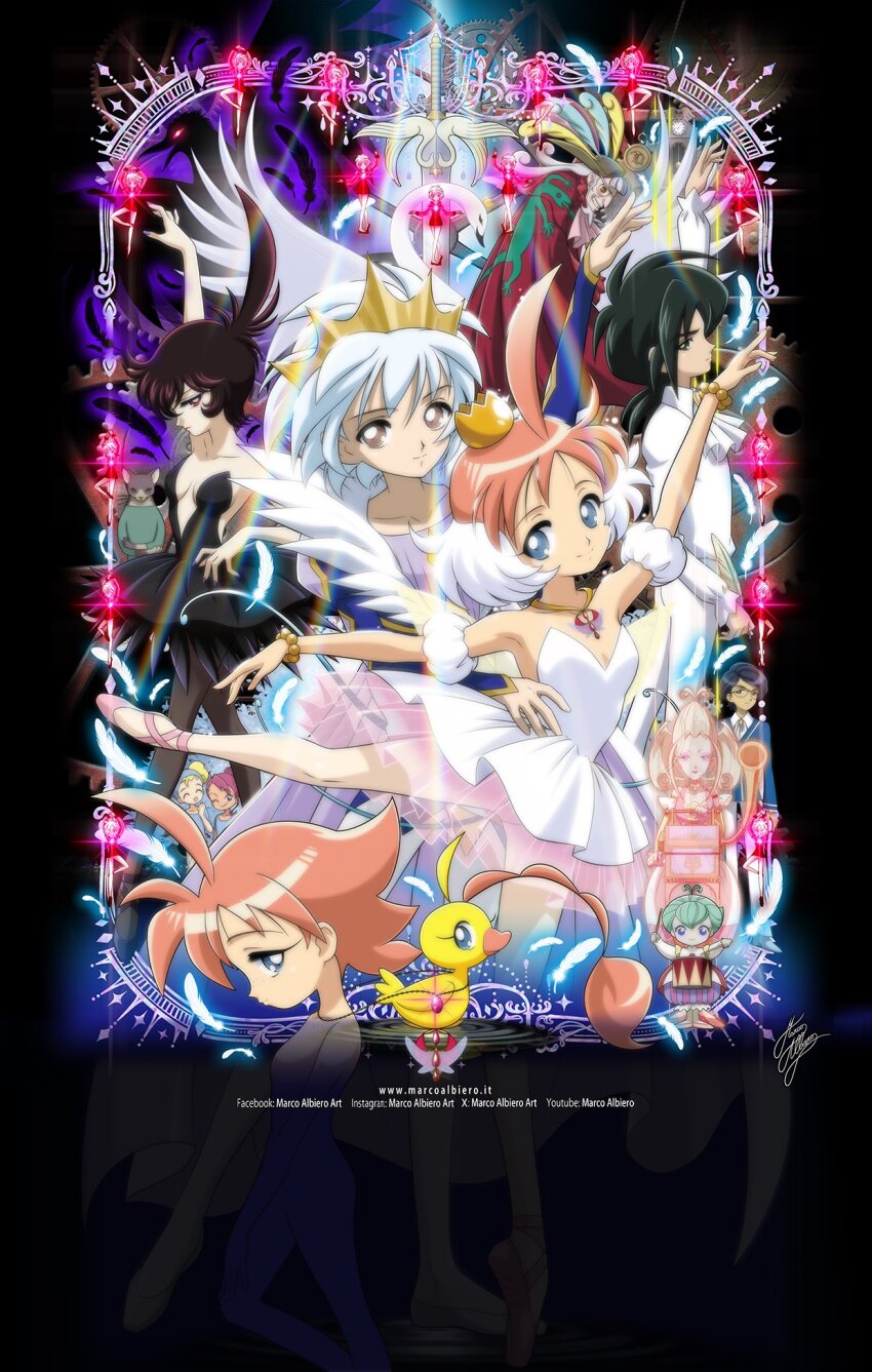 ahiru_(duck)_(princess_tutu) ahiru_(princess_tutu) ahoge animal artist_name ascot autor_(princess_tutu) ballerina ballet ballet_slippers bare_shoulders bead_bracelet beads bird black_feathers black_hair blue_eyes border bracelet braid breasts brown_eyes cape character_counter_request cleavage clock crown drosselmeyer_(princess_tutu) duck edel_(princess_tutu) everyone fakir_(princess_tutu) feathers freckles furry gears ghost gold_crown gold_necklace grandfather_clock green_hair green_shirt hair_bun hairstyle_request highres holding holding_quill huge_ahoge jewelry lilie_(princess_tutu) long_eyelashes long_sleeves low_ponytail marco_albiero multicolored_hair mytho_(princess_tutu) necklace neko-sensei one_eye_closed orange_hair ornate_border pike_(princess_tutu) ponytail pose_request prince princess_kraehe princess_tutu princess_tutu_(character) purple_hair quill raven_(princess_tutu) red_cape red_eyes round_eyewear rue_(princess_tutu) shirt siegfried_(princess_tutu) signature single_braid swan sword thick_eyebrows tutu two-tone_hair uzura_(princess_tutu) weapon white_feathers white_hair