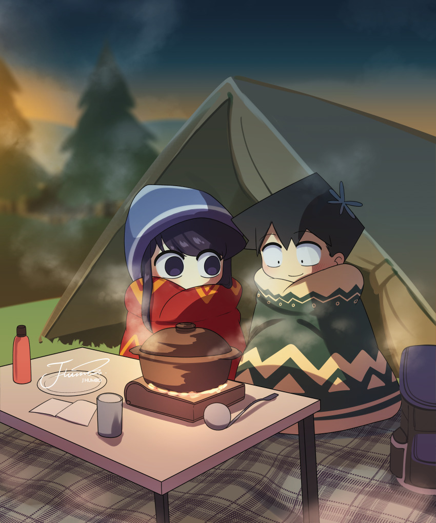1boy 1girl absurdres artist_name beanie black_hair blanket blush camping chibi closed_mouth cooking cooking_pot covering_with_blanket cup dusk forehead grass hair_ornament hat highres hill j_humbo komi-san_wa_komyushou_desu komi_shouko ladle long_hair looking_at_another outdoors pine_tree plaid_blanket plate short_hair small_pupils steam sunset table tadano_hitohito tent tree under_covers wide-eyed