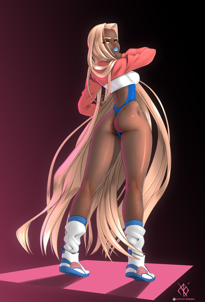 1girl absurdres arteslav artist_name ass athma_(arteslav) blonde_hair breasts brown_eyes closed_mouth commentary cropped_jacket dark-skinned_female dark_skin from_behind full_body highleg highleg_leotard highres jacket leotard lips lipstick long_hair long_sleeves looking_at_viewer looking_back loose_socks makeup medium_breasts original parted_bangs shiny_skin shoes signature simple_background smile sneakers socks solo thighs very_long_hair white_socks