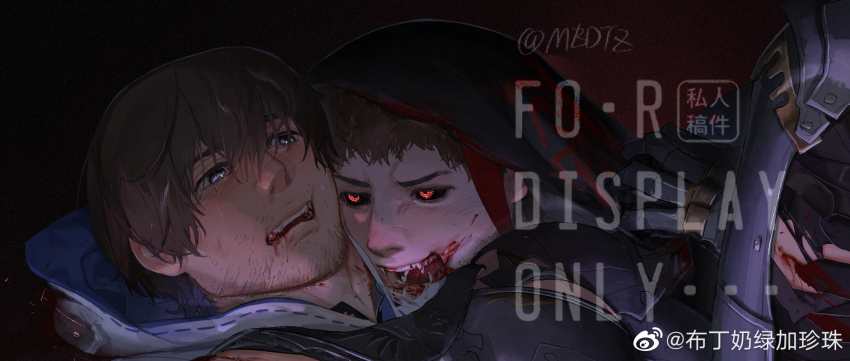 2boys adventurer_(ff14) alternate_eye_color ardbert_hylfyst bara black_sclera blood blood_on_face blue_eyes blush brown_hair cheek_bulge chinese_commentary clothes_grab colored_sclera earrings facial_hair final_fantasy final_fantasy_xiv hair_between_eyes heads_together highres hood hood_up hyur imminent_bite jewelry male_focus mature_male mbdtz multiple_boys red_eyes short_hair stubble teeth thick_eyebrows warrior_of_light_(ff14) watermark weibo_watermark