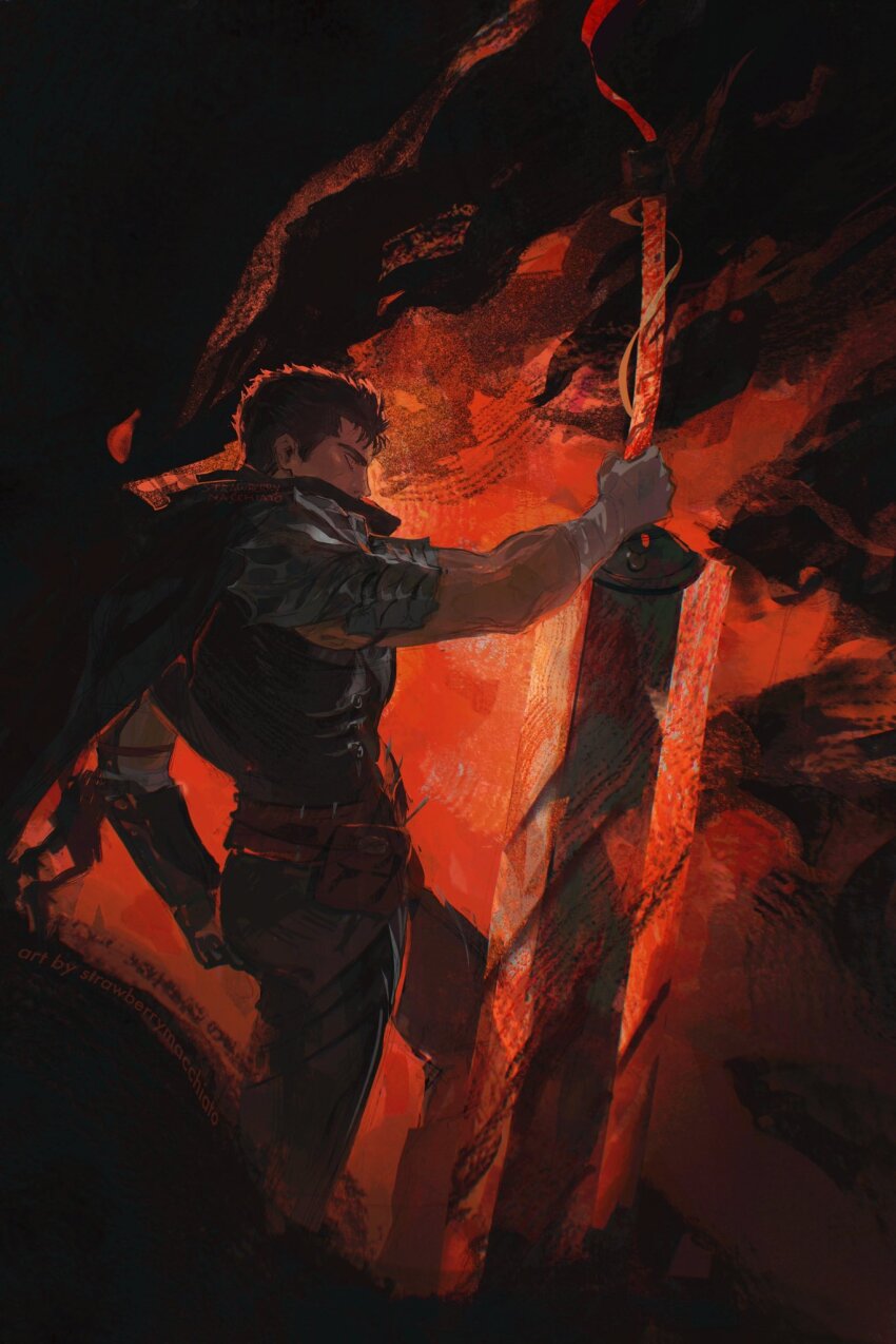 1boy armor artist_name berserk berserker_armor black_armor black_hair blood bloody_weapon cape cowboy_shot dragonslayer_(sword) feet_out_of_frame from_side full_armor guts_(berserk) hashtag-only_commentary highres holding holding_sword holding_weapon huge_weapon looking_at_object male_focus profile red_theme sberrymacchiato short_hair solo sword weapon