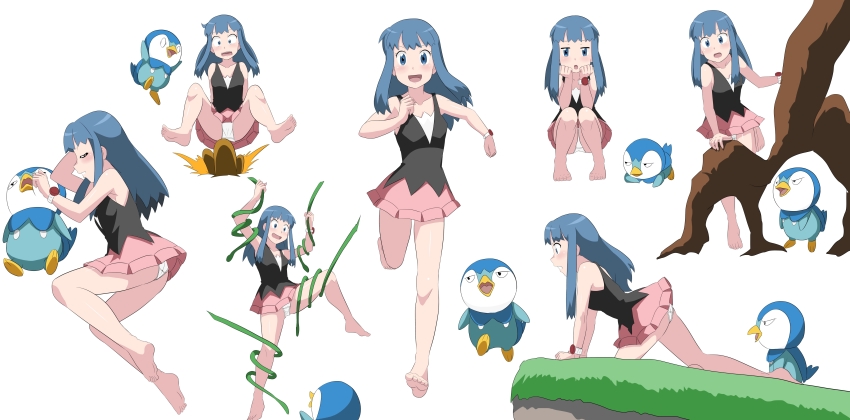 1girl absurdres ass barefoot bird blue_hair blush dawn_(pokemon) dugtrio embarrassed feet gen_1_pokemon gen_4_pokemon highres long_hair looking_at_another looking_at_viewer nintendo panties penguin piplup pokemon pokemon_(anime) pokemon_dppt_(anime) running_towards_viewer simple_background soles surprised takaya_n tentacles toes underwear