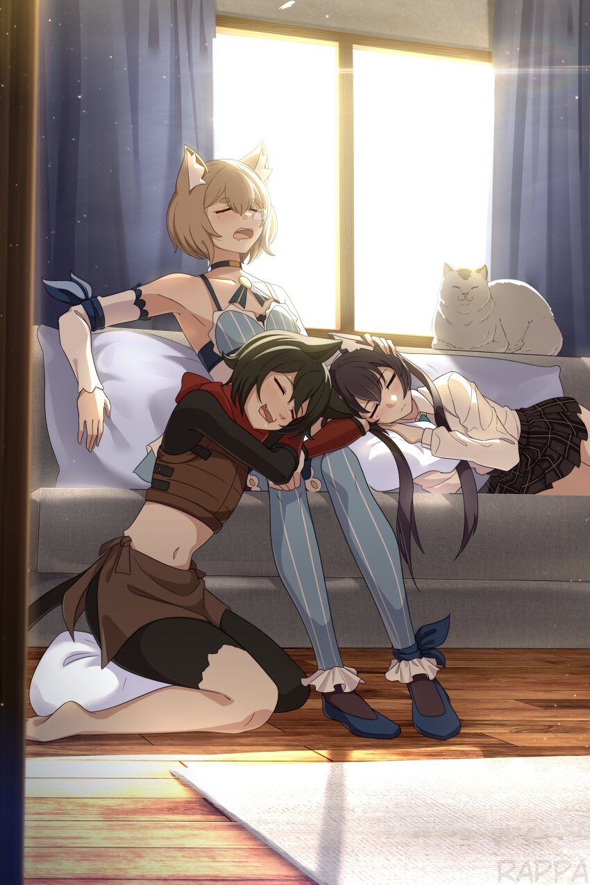 1boy 2girls :3 absurdres animal_ears black_fur black_hair black_skirt blue_archive brown_hair cat cat_boy cat_ears cat_girl closed_eyes closed_mouth collared_shirt couch crossover curtains day detached_sleeves drooling dungeon_meshi fang felix_argyle flower hair_flower hair_ornament highres indoors izutsumi long_hair long_sleeves lying medium_hair multicolored_fur multiple_girls nose_bubble on_couch on_side open_clothes rappa_(sirrappa) re:zero_kara_hajimeru_isekai_seikatsu serika_(blue_archive) shirt sitting skirt sleeping smile teeth tongue upper_teeth_only white_fur white_shirt window