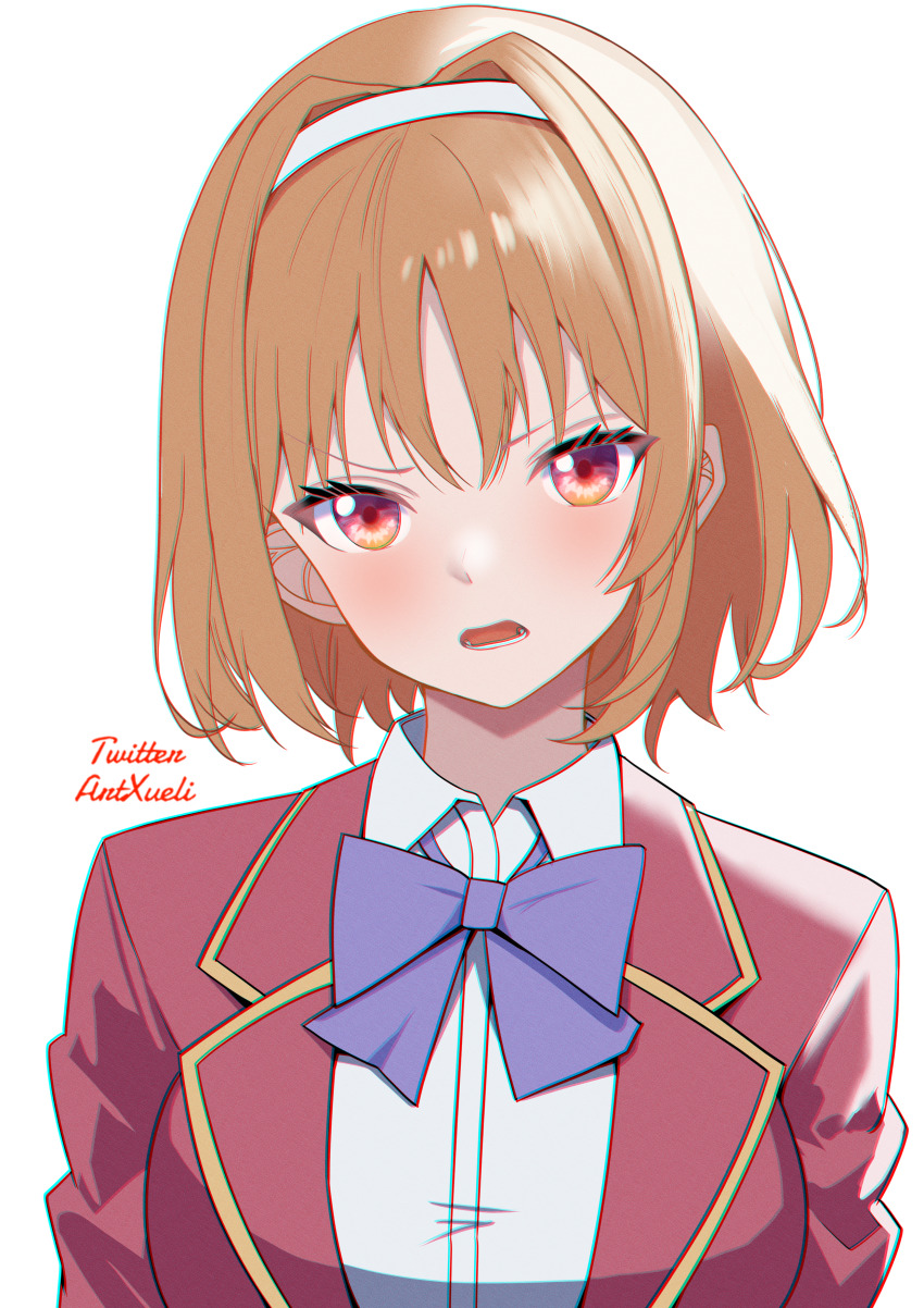 1girl absurdres advanced_nurturing_high_school_uniform blazer blonde_hair bow bowtie breasts collared_shirt hairband highres jacket kushida_kikyou large_breasts looking_at_viewer open_mouth purple_bow purple_bowtie red_eyes red_jacket school_uniform shirt short_hair smile twitter_username upper_body white_background white_hairband white_shirt xueli_shimazaki youkoso_jitsuryoku_shijou_shugi_no_kyoushitsu_e