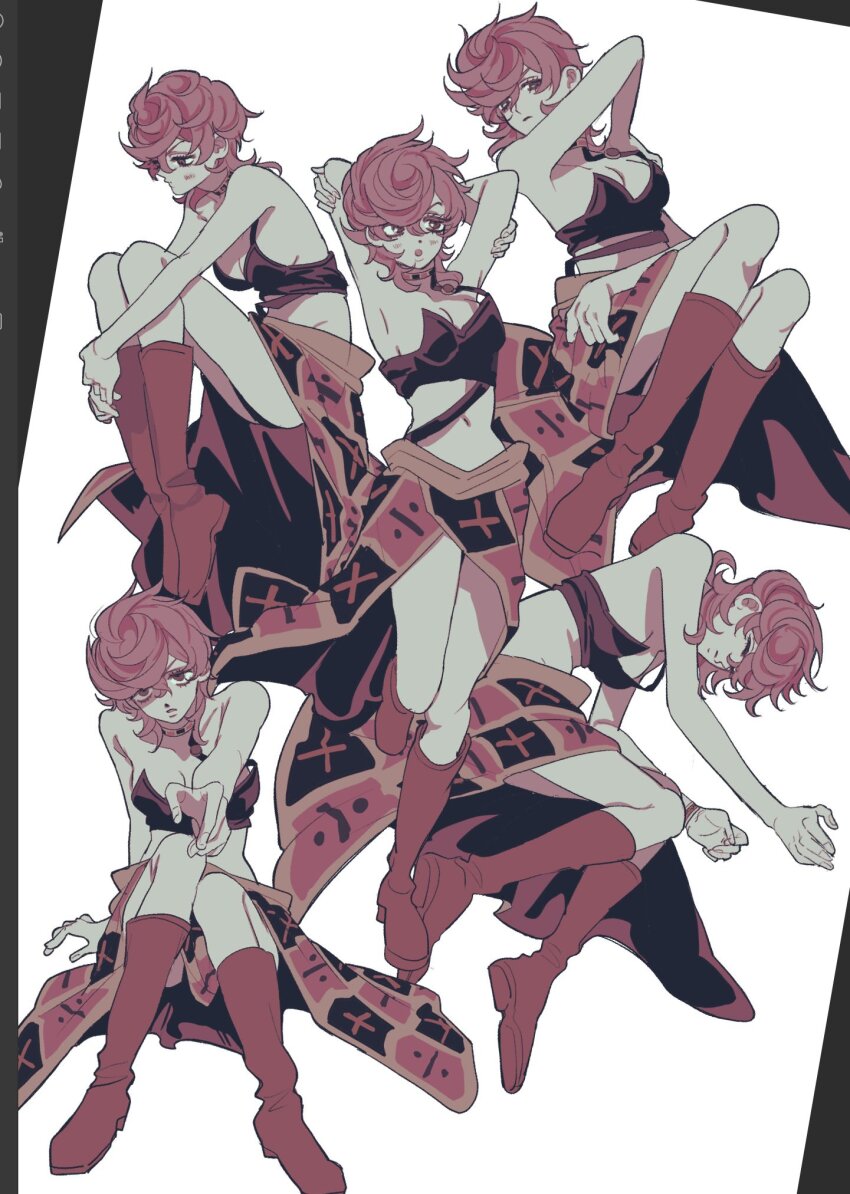 1girl arms_behind_head artist_request boots hugging_own_legs jojo_no_kimyou_na_bouken lying multiple_views on_side pink_hair sitting trish_una
