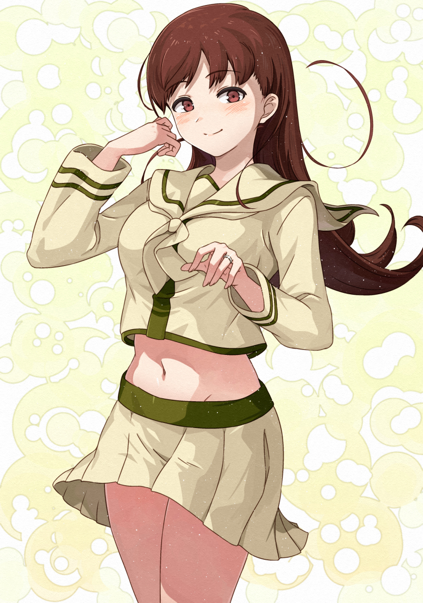 1girl blush breasts brown_eyes brown_hair clover_background cowboy_shot highres kanmiya_shinobu kantai_collection long_hair long_sleeves looking_at_viewer midriff navel neckerchief ooi_(kancolle) ooi_kai_ni_(kancolle) pleated_skirt sailor_collar school_uniform serafuku skirt smile solo white_neckerchief yellow_sailor_collar yellow_serafuku yellow_skirt