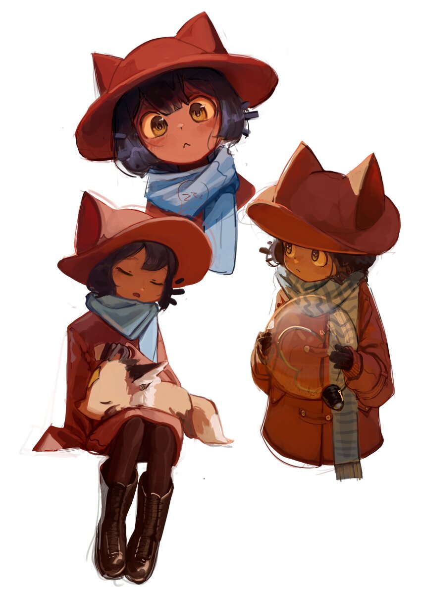 1other :&lt; absurdres androgynous animal animal_ear_headwear animal_ears animal_on_lap black_gloves black_hair blue_scarf boots brown_eyes brown_footwear brown_pants cat_ears closed_mouth dark_skin extra_ears fake_animal_ears fox gloves hair_between_eyes hat highres holding jacket light_bulb looking_at_viewer looking_to_the_side multiple_views niko_(oneshot) on_lap oneshot_(game) open_mouth orange_jacket pants red_hat rue_(oneshot) scarf shadches72 short_hair simple_background sleeping sleeves_past_wrists tareme whiskers white_background