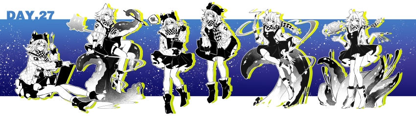 1girl absurdres animal_ear_headwear animal_ear_request arknights between_fingers boots checkered_clothes checkered_scarf deepcolor_(arknights) deepcolor_(elite_ii)_(arknights) dress elite_ii_(arknights) fake_animal_ears fy_fei_xiao_ya glasses hand_on_own_hip hat high_heel_boots high_heels highres holding holding_sketchbook jacket long_hair no_headwear on_floor paintbrush patterned_clothing pout scarf sitting sketchbook smile spoken_squiggle squiggle tentacles thigh_strap