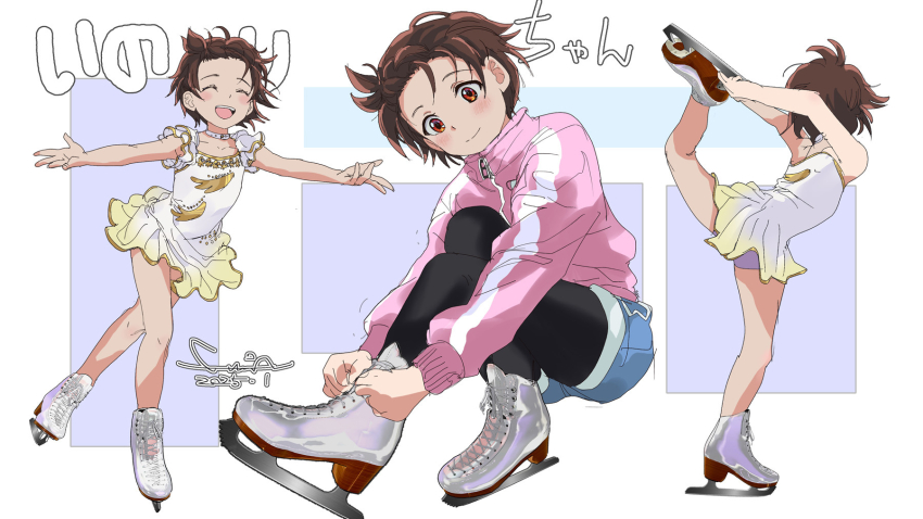 1girl blush brown_eyes brown_hair child closed_eyes dress figure_skating figure_skating_dress full_body fumi-a highres ice_skates jacket leg_up medalist_(manga) multiple_views open_mouth outstretched_arms pink_jacket short_hair skates smile spread_arms white_dress yuitsuka_inori