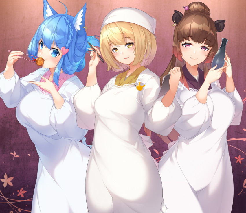3girls ahoge alcohol animal_ear_fluff animal_ears animare apron black_kimono blonde_hair blue_eyes blue_hair blush braid breasts brown_hair brown_kimono chopsticks clipboard closed_mouth ear_piercing eating food hair_between_eyes hair_bun hair_ornament hairpin headscarf heart heart_hair_ornament highres holding holding_chopsticks holding_pencil inaba_haneru_(animare) japanese_clothes kappougi kimono kokka_han large_breasts long_hair looking_at_viewer mature_female medium_breasts multiple_girls nanashi_inc. parted_lips pencil piercing pink_kimono red_eyes sake single_hair_bun smile souya_ichika tokkuri v-shaped_eyebrows very_long_hair virtual_youtuber white_headscarf white_headwear yellow_eyes yunohara_izumi