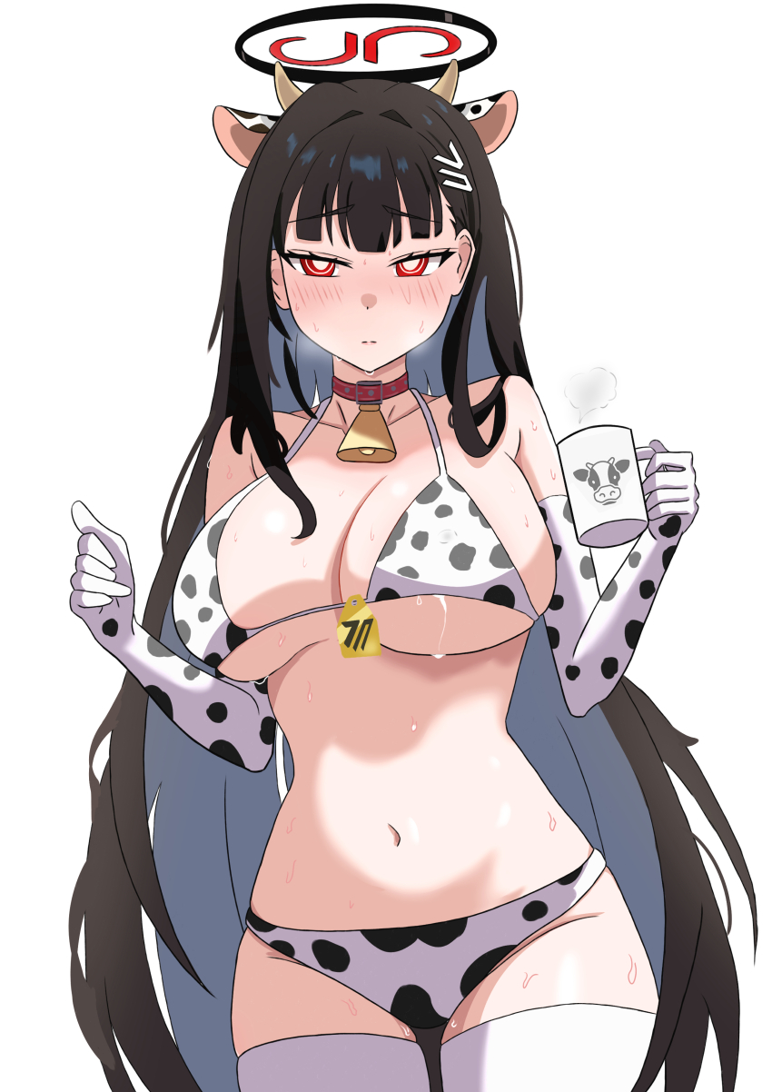 1girl absurdres alternate_costume animal_ears animal_print averting_eyes bell bikini black_hair blue_archive blunt_bangs blush breast_milk breasts breath bright_pupils commentary cow_ears cow_horns cow_print cow_print_bikini cow_print_gloves cowboy_shot cup elbow_gloves fake_animal_ears fake_horns gloves halo highres holding holding_cup horns lactation large_breasts long_hair midang mug navel neck_bell print_bikini print_gloves red_eyes ringed_eyes rio_(blue_archive) simple_background solo steam stomach straight_hair sweat swimsuit thighhighs very_long_hair white_background white_pupils white_thighhighs