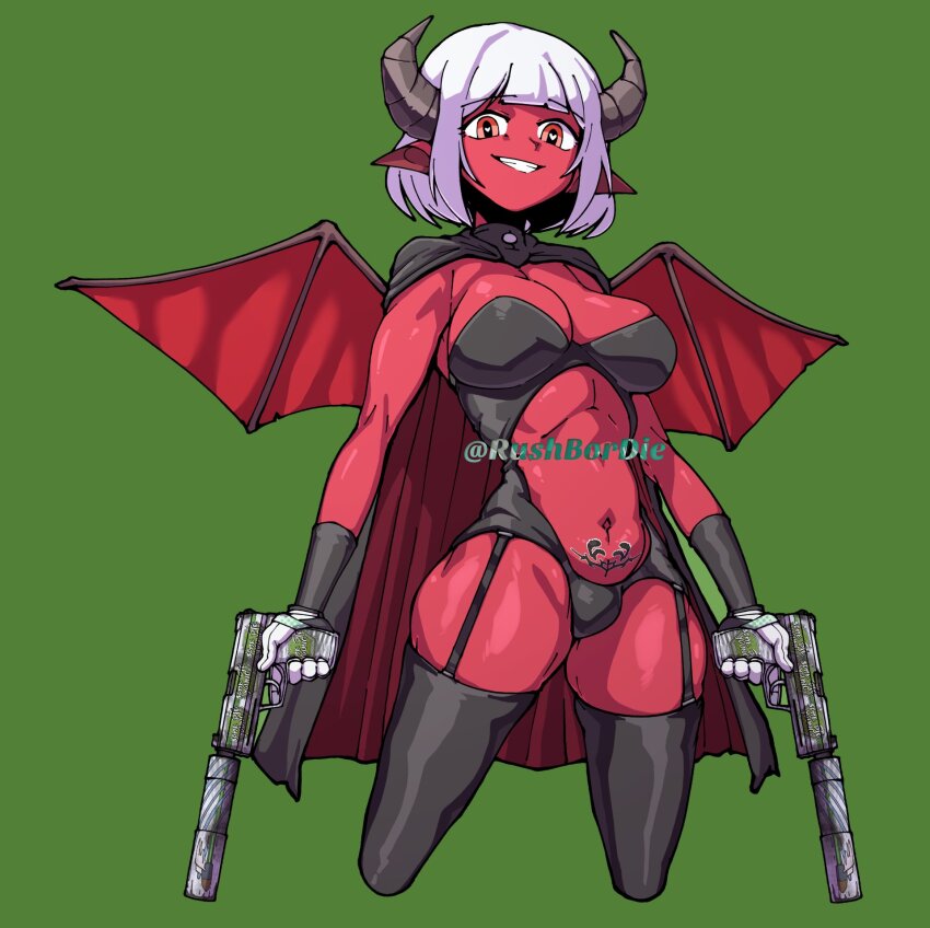 1girl astaria_(miss_neko) black_cape black_thighhighs blunt_bangs bob_cut cape clothing_cutout colored_skin commentary commission counter-strike_(series) counter-strike_2 cowboy_shot demon_girl demon_horns demon_wings dual_wielding english_commentary garter_straps green_background grey_horns grin gun h&amp;k_usp handgun heart heart-shaped_pupils highres holding holding_gun holding_weapon horns hugo_(rushbordie) looking_at_viewer miss_neko navel pubic_tattoo red_cape red_eyes red_skin red_wings short_hair simple_background smile solo stomach_cutout suppressor symbol-shaped_pupils tattoo thighhighs two-sided_cape two-sided_fabric weapon white_hair wings