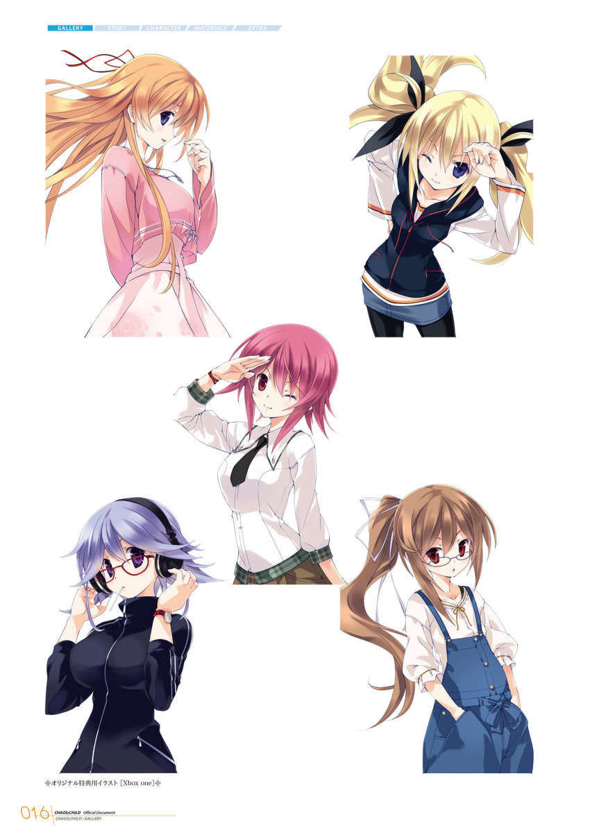 :3 :o arimura_hinae black_necktie black_pantyhose blonde_hair blue_overalls bow breasts brown_hair candy chaos;child chemise collarbone crop_top denim denim_skirt dress fingernails flat_chest floral_print food glasses hair_between_eyes hair_bow hair_ribbon hand_on_own_head hands_in_pockets headphones heart heart-shaped_food heart-shaped_lollipop highres hood hoodie jacket jewelry kazuki_hana kurusu_nono large_breasts leaning_to_the_side lollipop long_hair long_sleeves looking_at_viewer medium_breasts miniskirt multiple_girls multiple_hair_bows necklace necktie official_art one_eye_closed onoe_serika overalls pantyhose pink_dress pink_shirt purple_eyes red-framed_eyewear red_eyes red_ribbon ribbon salute sasaki_mutsumi shaped_lollipop shirt short_hair side_ponytail sidelocks skirt smile track_jacket white_chemise white_jacket white_ribbon white_sleeves yamazoe_uki