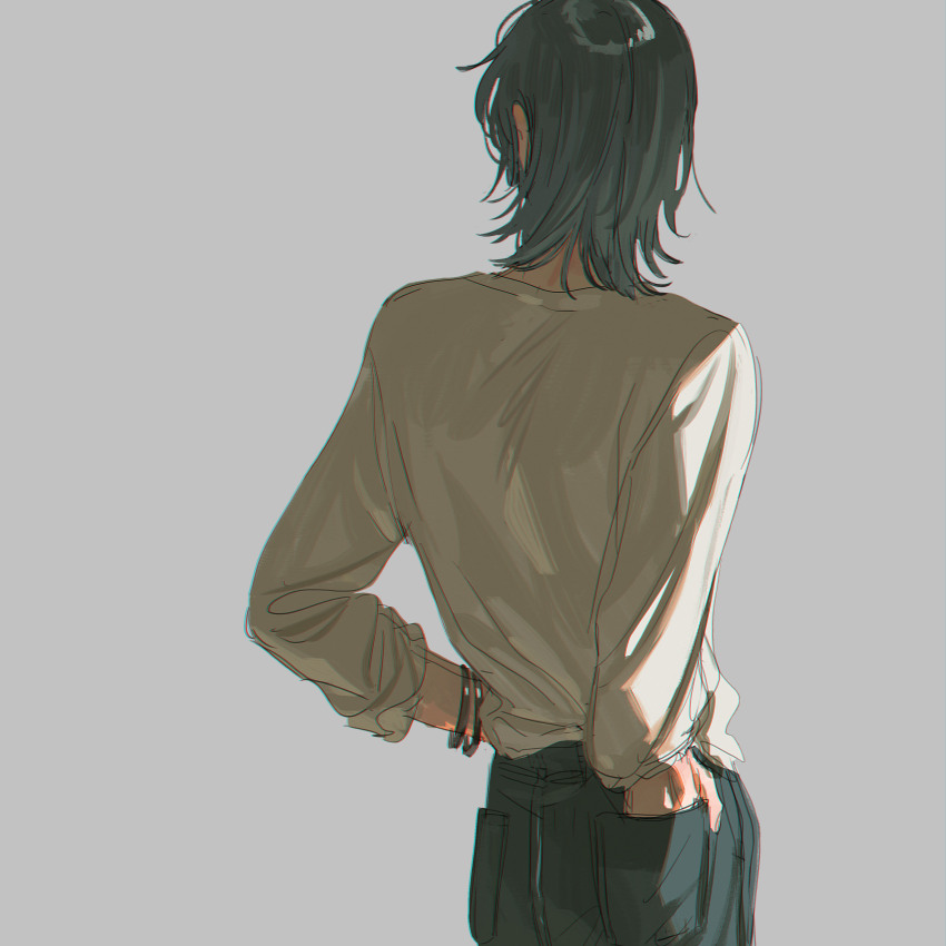 1boy absurdres bracelet coke_6 cowboy_shot faceless from_behind grey_background grey_hair grey_pants hand_in_pocket highres jewelry mahoutsukai_no_yakusoku male_focus nero_turner pants shirt simple_background solo white_shirt white_sleeves