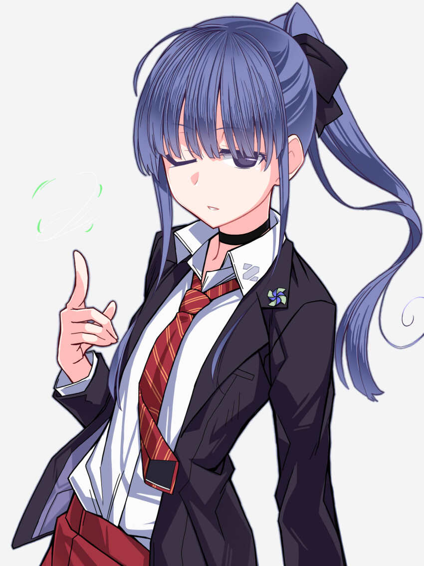 1girl black_choker black_jacket blue_hair bow choker collared_shirt gradient_background grey_background hair_bow highres jacket kazami_nobuko long_hair long_sleeves necktie one_eye_closed original oteruko_(wanabeee) ponytail red_skirt shirt sidelocks skirt solo striped_necktie white_shirt