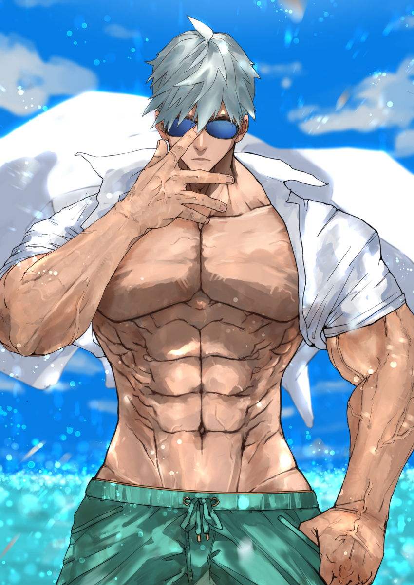 1boy abs aqua_male_swimwear bare_pectorals fate/grand_order fate_(series) grey_hair highres large_pectorals looking_at_viewer male_focus male_swimwear muscular muscular_male neko_no_kedama official_alternate_costume open_clothes open_shirt pectorals percival_(fate) percival_(summer_knight_outfit)_(fate) shirt short_hair solo sunglasses swim_trunks veins white_shirt