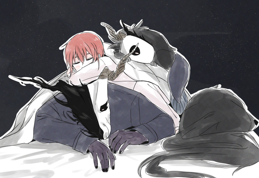 1boy 1girl absurdres animal_head animal_skull black_coat closed_eyes coat creature delfuze elias_ainsworth hatori_chise highres horns long_sleeves mahou_tsukai_no_yome pajamas red_hair skull_head sleeping under_covers
