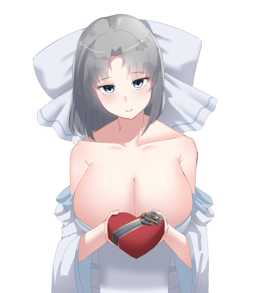 1girl azareiya_0702 blue_eyes bow box breasts cleavage gessen_academy_school_uniform gift gift_box grey_hair hair_bow happy_valentine heart-shaped_box highres japanese_clothes kimono large_breasts light_blush looking_at_viewer low_neckline medium_hair pov ribbon-trimmed_kimono ribbon_trim senran_kagura smile striped_bow white_background white_bow white_kimono yumi_(senran_kagura)