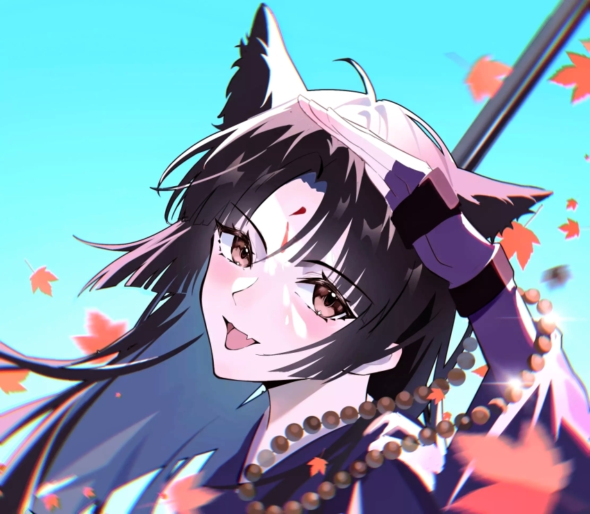 1girl :d animal_ears arknights arm_up autumn_leaves beads black_hair blue_sky brown_eyes canghaiyisu chromatic_aberration commentary_request day dog_ears facial_mark falling_leaves fang fingerless_gloves forehead_mark gloves highres leaf long_hair looking_at_viewer maple_leaf motion_blur open_mouth outdoors parted_bangs purple_gloves revision saga_(arknights) skin_fang sky smile solo sparkle upper_body wind