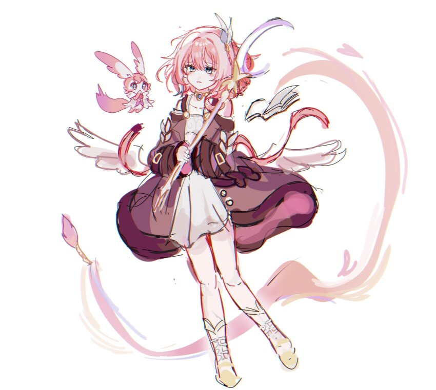 1girl angel_wings blue_eyes breasts coat commentary_request cyrene_(honkai:_star_rail) dress hair_ornament highres holding holding_staff honkai:_star_rail honkai_(series) jewelry ko_(assd_009) korean_commentary mem_(honkai:_star_rail) necklace pink_fur pink_hair purple_coat sandals short_hair simple_background small_breasts staff star-shaped_pupils star_(symbol) symbol-shaped_pupils tail white_background white_dress wings