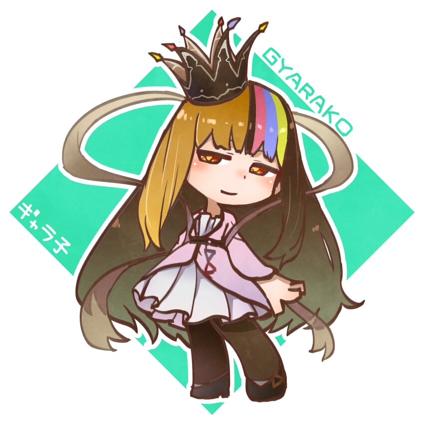 1girl black_pantyhose black_shoes blonde_hair blue_hair blush brown_hair character_name closed_mouth crown deformed dot_nose dress full_body galaco galaco_(neo) highres kuron_(uhhr2odhrppc5nw) long_sleeves multicolored_hair pantyhose pink_dress pink_hair red_eyes shoes smile solo split-color_hair standing streaked_hair vocaloid
