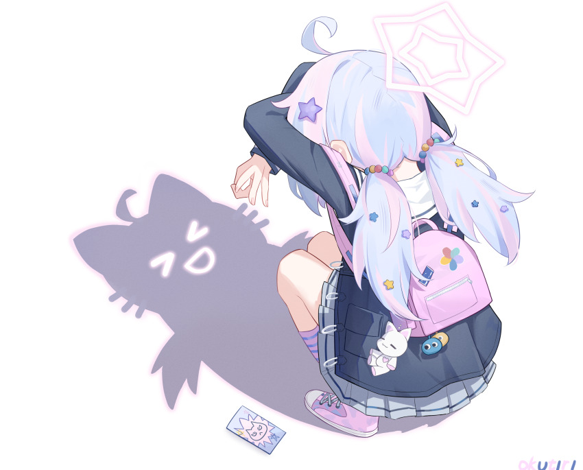 &gt;_&lt; 1girl absurdres ahoge arms_up blue_archive blue_hair cat_shadow_puppet_(meme) coat commentary crossed_arms duffel_coat exusiai_dust grey_skirt hair_ornament halo highres long_hair meme middle_w multicolored_hair pink_hair pink_socks pleated_skirt reisa_(blue_archive) school_uniform skirt socks solo squatting star_(symbol) star_hair_ornament twintails two-tone_hair w
