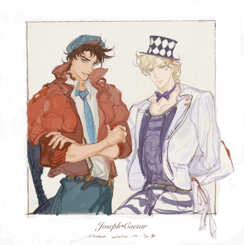 2boys battle_tendency blonde_hair bow bowtie brown_hair newsboy_cap caesar_anthonio_zeppeli coat crossed_arms facial_mark feather_hair_ornament feathers green_eyes gun hair_ornament hat highres jacket jojo_no_kimyou_na_bouken joseph_joestar joseph_joestar_(young) male_focus mitus multiple_boys necktie padded_coat pants red_coat red_jacket spiked_hair striped_clothes striped_pants submachine_gun thompson_submachine_gun top_hat weapon white_jacket