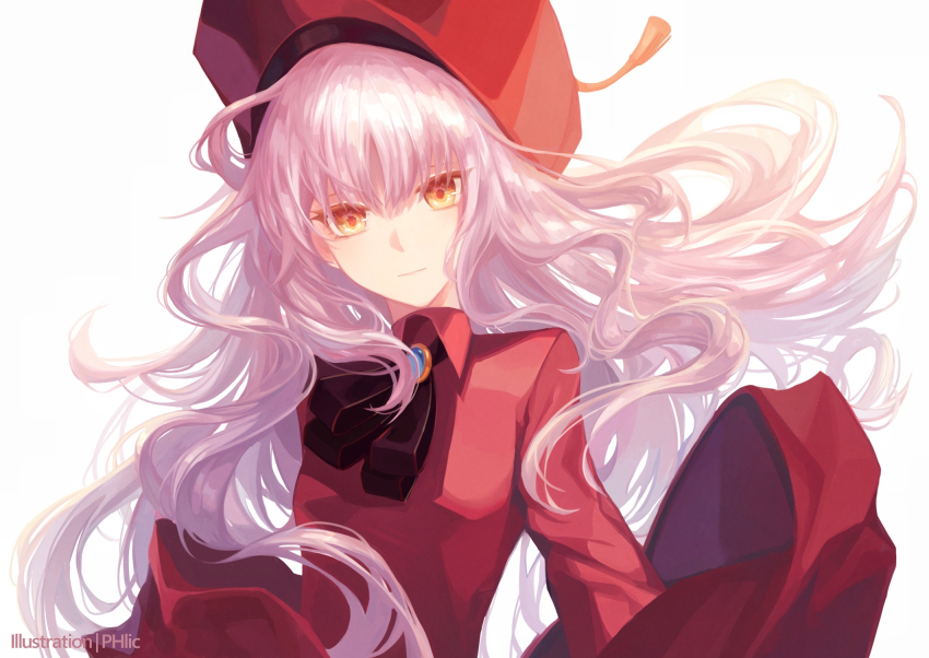 1girl beret breasts brooch caren_hortensia caren_hortensia_(amor_caren) caren_hortensia_(amor_caren)_(second_ascension) dress fate/grand_order fate_(series) hat highres jewelry long_hair long_sleeves looking_at_viewer neck_ribbon phlic red_dress red_hat ribbon shawl small_breasts solo wavy_hair white_hair yellow_eyes