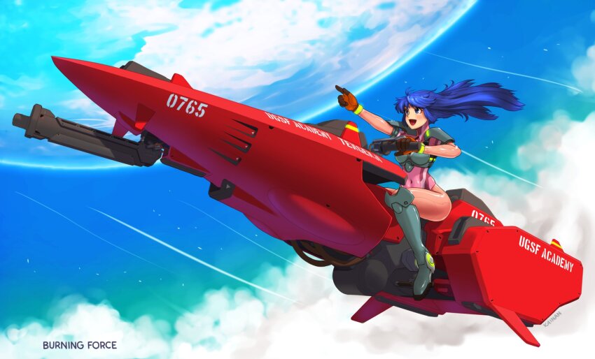 1girl armor armored_boots artist_name blue_eyes blue_hair blue_sky boots brown_gloves burning_force chest_guard cloud commentary_request copyright_name covered_navel driving floating_hair full_body gloves gun highres hover_bike index_finger_raised kainan knee_boots leotard motion_lines open_mouth outdoors pantyhose pink_leotard pink_pantyhose planet shoulder_armor skin_tight sky smile solo speed_lines tengenji_hiromi weapon