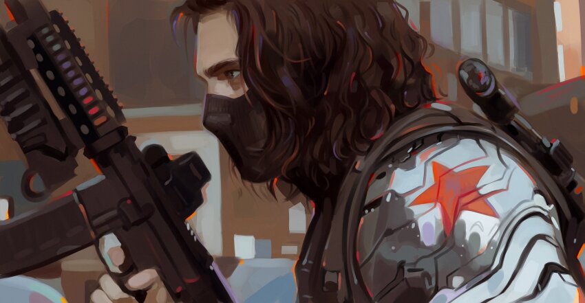 1boy ar-15 assault_rifle black_mask brown_hair bucky_barnes bulletproof_vest captain_america:_the_winter_soldier captain_america_(series) chantal_art covered_mouth finger_on_trigger grenade_launcher gun highres holding holding_gun holding_magazine_(weapon) holding_weapon m203 m4_carbine magazine_(weapon) marvel marvel_cinematic_universe mask mechanical_arms medium_hair mouth_mask prosthesis prosthetic_arm rifle single_mechanical_arm underbarrel_grenade_launcher vertical_foregrip weapon winter_soldier