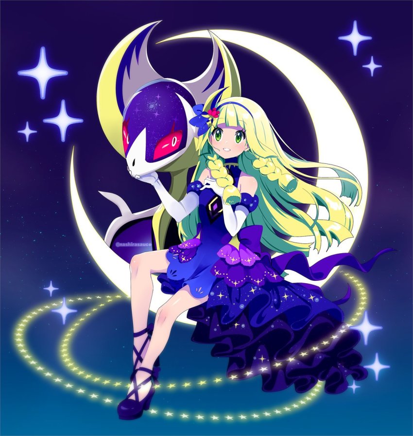 1girl blonde_hair blue_dress braid creatures_(company) crescent_moon dress elbow_gloves game_freak gen_7_pokemon gloves green_eyes hairband high_heels highres legendary_pokemon lillie_(anniversary_2021)_(pokemon) lillie_(pokemon) lunala moon nashirasauce night night_sky nintendo official_alternate_costume pokemon pokemon_(creature) pokemon_masters_ex sky star_(sky) star_(symbol) twin_braids twitter_username