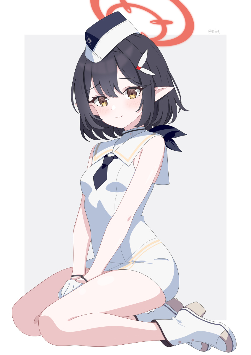 1girl absurdres ayane_(blue_archive) baozi_9527 black_hair black_necktie blue_archive border breasts grey_background halo highres kneeling medium_hair necktie official_alternate_costume pointy_ears red_halo small_breasts solo white_border
