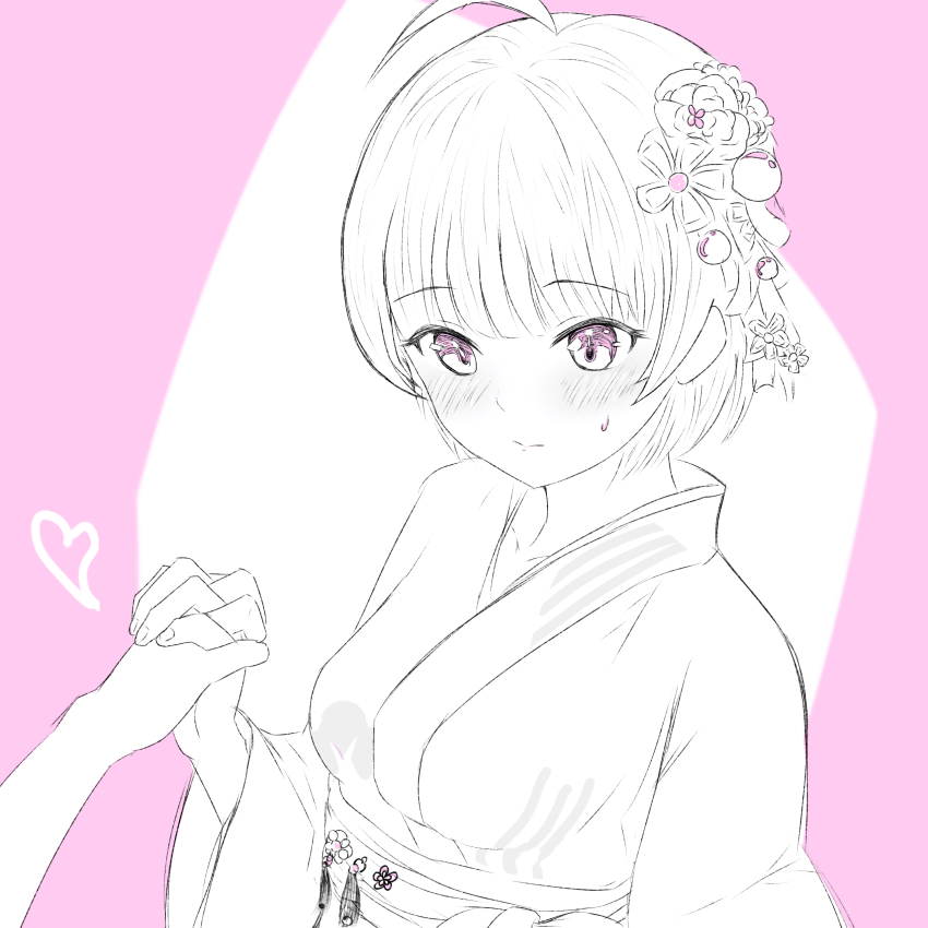 1girl absurdres ahoge bath_yukata hand_grab heaven_burns_red highres japanese_clothes kimono ooshima_minori oyakodon451 partially_colored pink_background short_hair solo_focus yukata