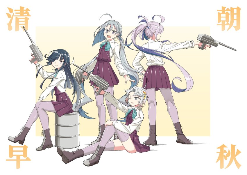 4girls :d ;) ahoge akishimo_(kancolle) asashimo_(kancolle) black_hair boots bow bowtie brown_eyes brown_footwear dress drum_(container) from_behind full_body grey_eyes grey_hair hair_between_eyes hair_bun hair_ornament hair_over_one_eye hair_ribbon halterneck hayashimo_(kancolle) highres hime_cut holding holding_turret kantai_collection kazh_(kazu) kiyoshimo_(kancolle) lace-up_boots leaf_hair_ornament long_hair long_sleeves looking_at_viewer low_twintails multiple_girls one_eye_closed open_mouth pantyhose pleated_skirt ponytail purple_dress purple_eyes purple_legwear ribbon school_uniform ship_turret shirt simple_background single_hair_bun sitting skirt smile thighhighs turret twintails very_long_hair white_background white_ribbon white_shirt