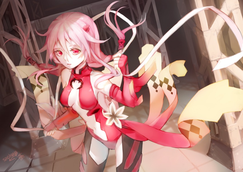 10s 1girl bare_shoulders black_thighhighs breasts center_opening cleavage detached_sleeves female_focus fingerless_gloves gloves guilty_crown hair_ornament hairclip long_hair looking_at_viewer navel open_mouth pink_hair red_eyes saphirya smile solo thighhighs twintails yuzuriha_inori